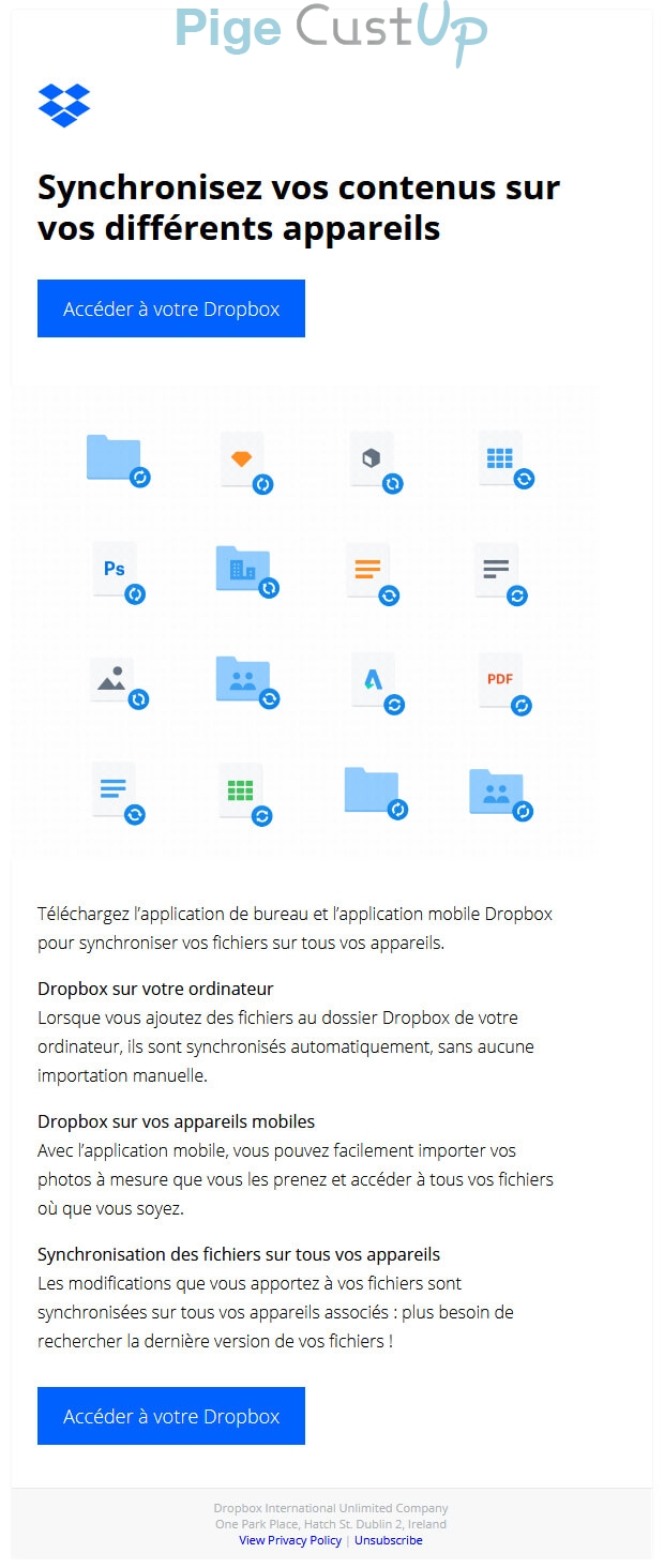 Exemple de Type de media  e-mailing - Dropbox - Marketing marque - Communication Produits - Nouveaux produits - Communication Services - Nouveaux Services