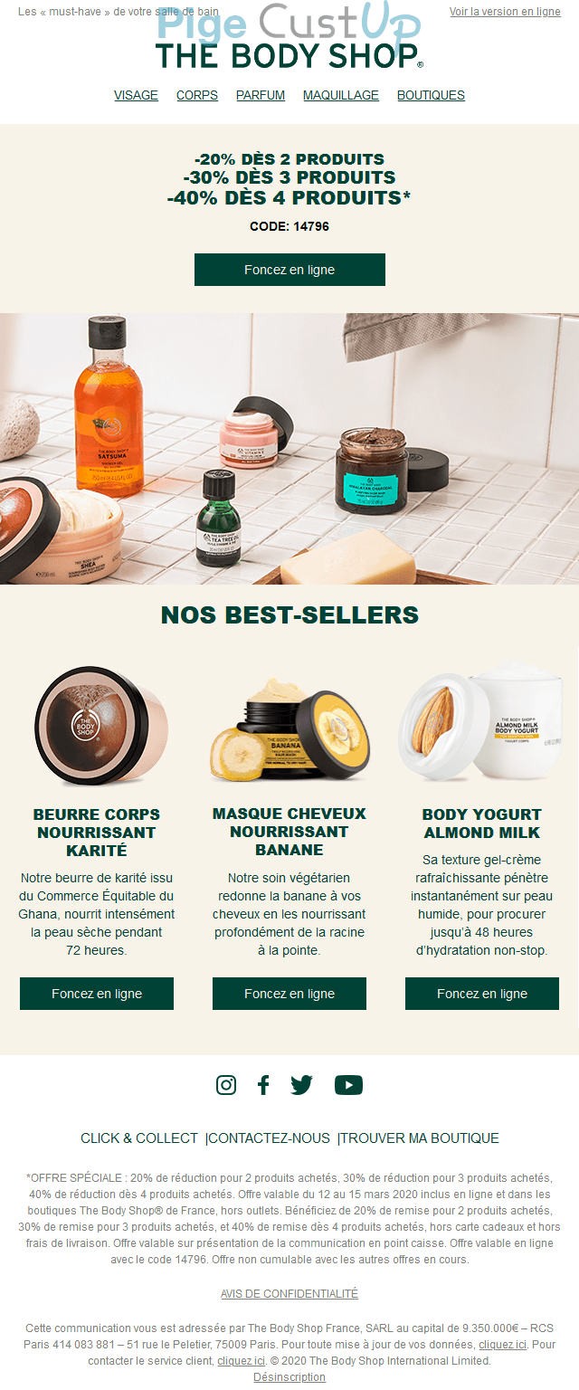 Exemple de Type de media  e-mailing - The Body Shop - Marketing marque - Communication Produits - Nouveaux produits - Marketing Acquisition - Gratuit - Cadeau - Ventes flash, soldes, demarque, promo, réduction - Marketing fidélisation - Incitation au réachat