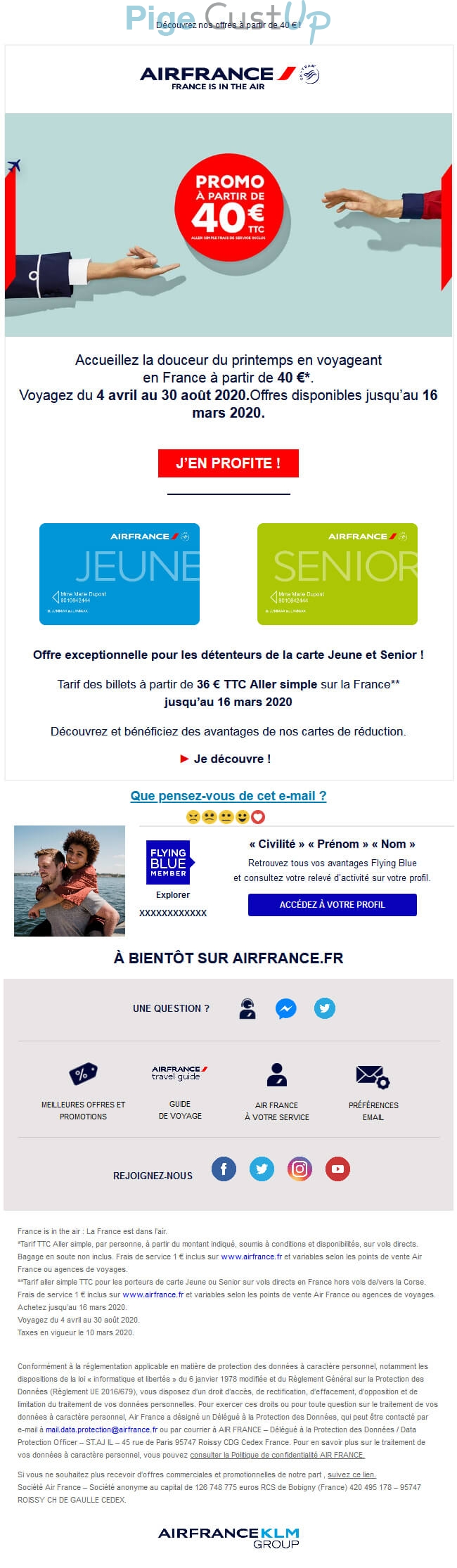 Exemple de Type de media  e-mailing - Air France - Marketing marque - Communication Produits - Nouveaux produits - Enquêtes Clients - NPS / Avis clients - Marketing fidélisation - Incitation au réachat - Marketing Acquisition - Ventes flash, soldes, demarque, promo, réduction