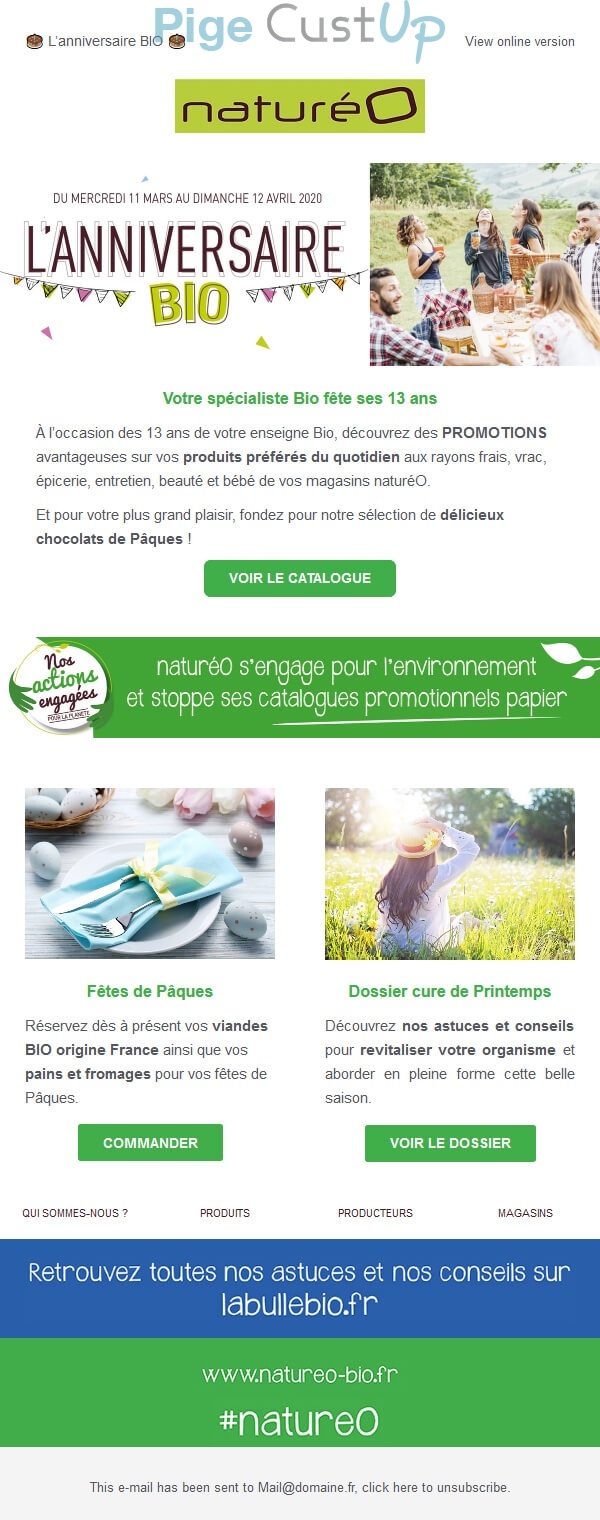Exemple de Type de media  e-mailing - Naturéo - Marketing Acquisition - Anniversaire marque - Marketing relationnel - Calendaire (Noël, St valentin, Vœux, …) - Marketing marque - Communication Produits - Nouveaux produits - Marketing fidélisation - Incitation au réachat