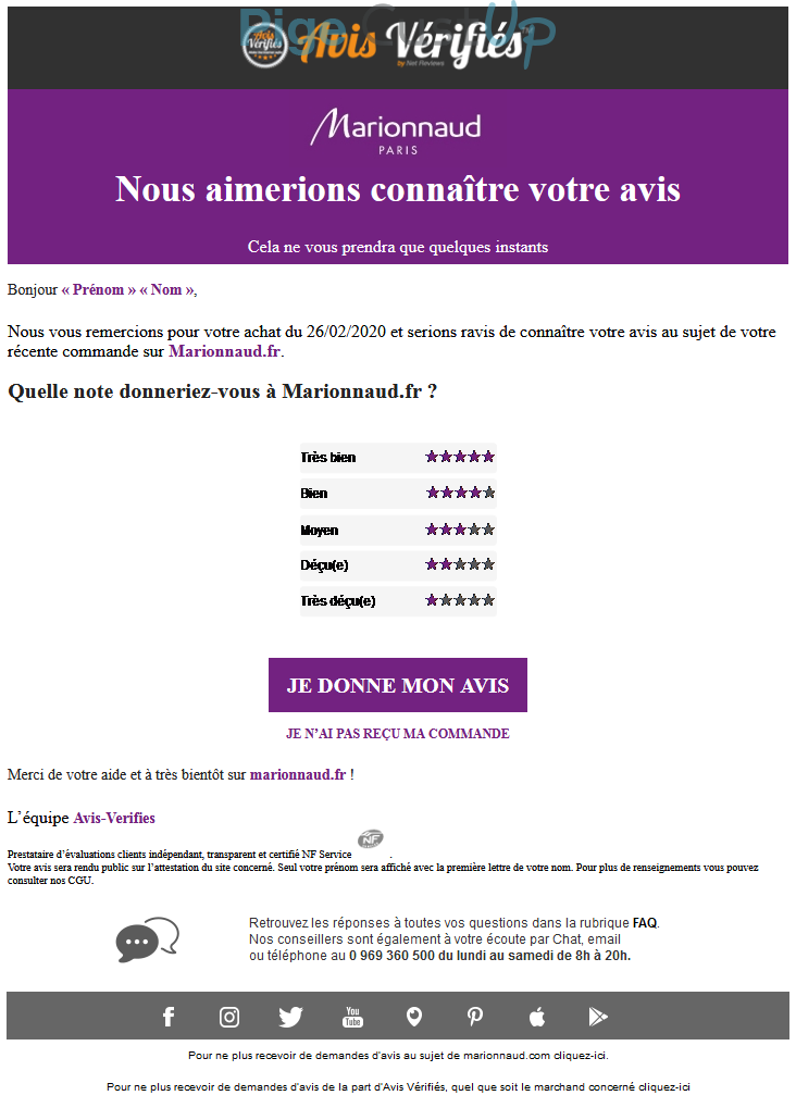 Exemple de Type de media  e-mailing - Marionnaud - Enquêtes Clients - NPS / Avis clients