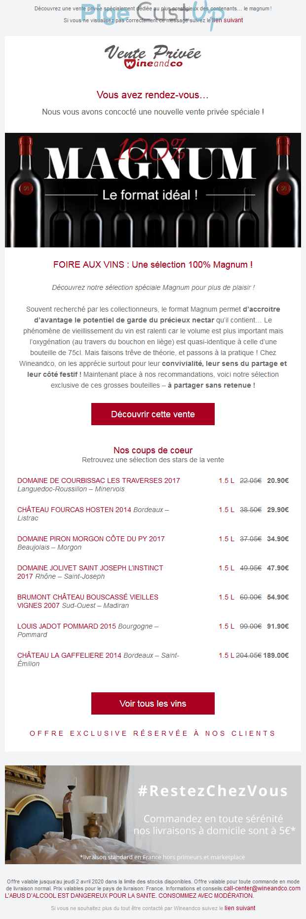 Exemple de Type de media  e-mailing - Wine And Co - Marketing marque - Communication Produits - Nouveaux produits - Marketing fidélisation - Incitation au réachat - Marketing Acquisition - Ventes flash, soldes, demarque, promo, réduction - Ventes privées