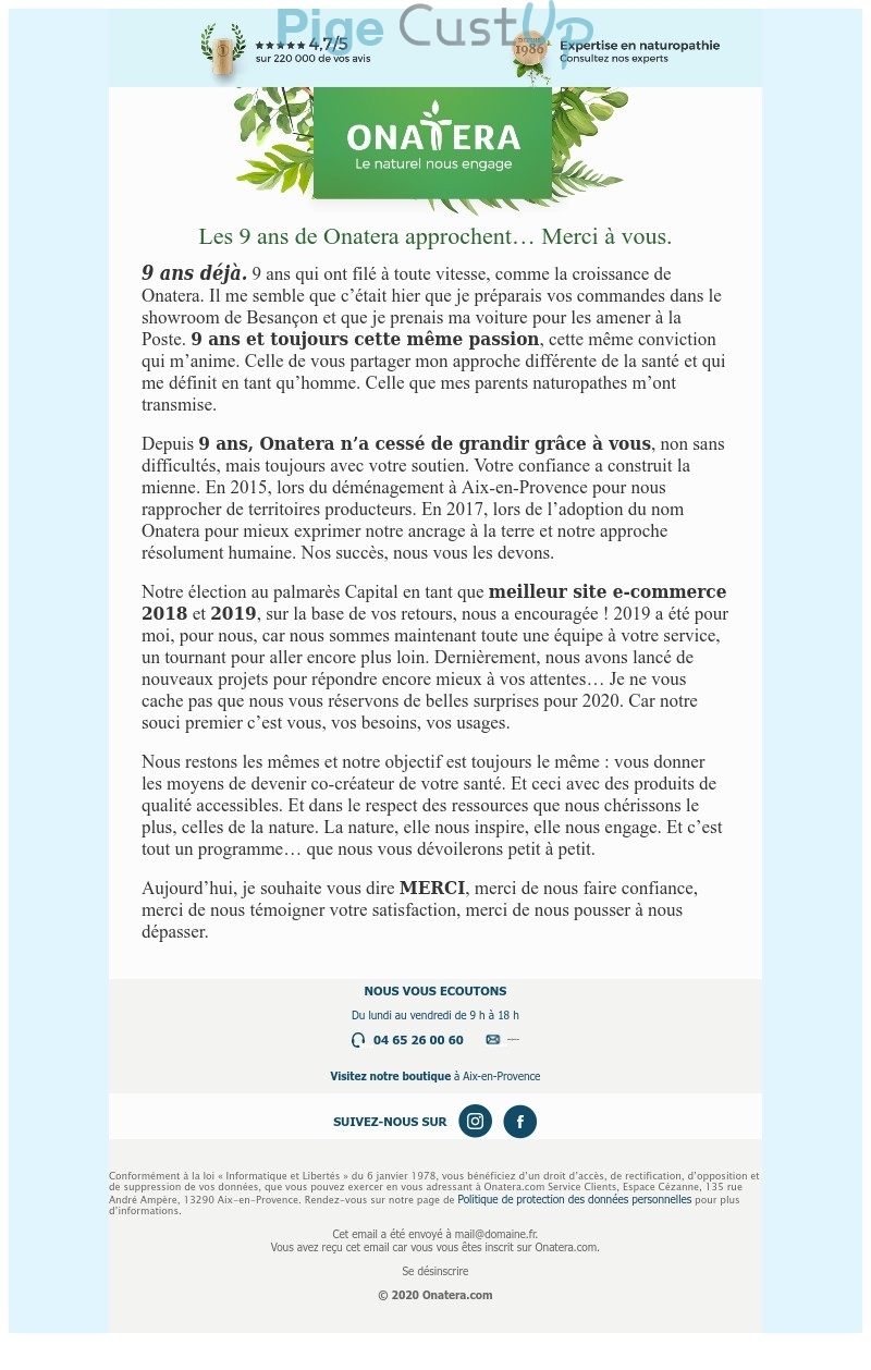 Exemple de Type de media  e-mailing - Onatera - Marketing relationnel - Remerciements