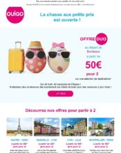 e-mailing - Marketing relationnel - Calendaire (Noël, St valentin, Vœux, …) - Marketing marque - Communication Produits - Nouveaux produits - Communication Services - Nouveaux Services - Marketing fidélisation - Incitation au réachat - Marketing Acquisition - Ventes flash, soldes, demarque, promo, réduction - OuiGo - 05/2024