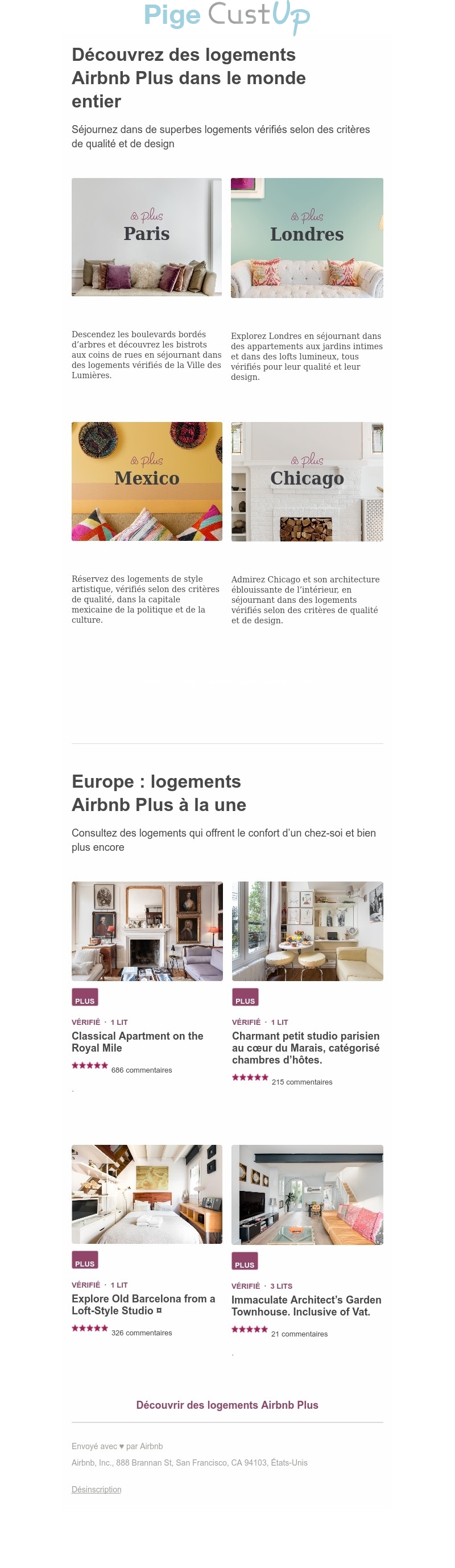 Exemple de Type de media  e-mailing - Airbnb - Marketing marque - Communication Produits - Nouveaux produits - Communication Services - Nouveaux Services - Marketing fidélisation - Incitation au réachat