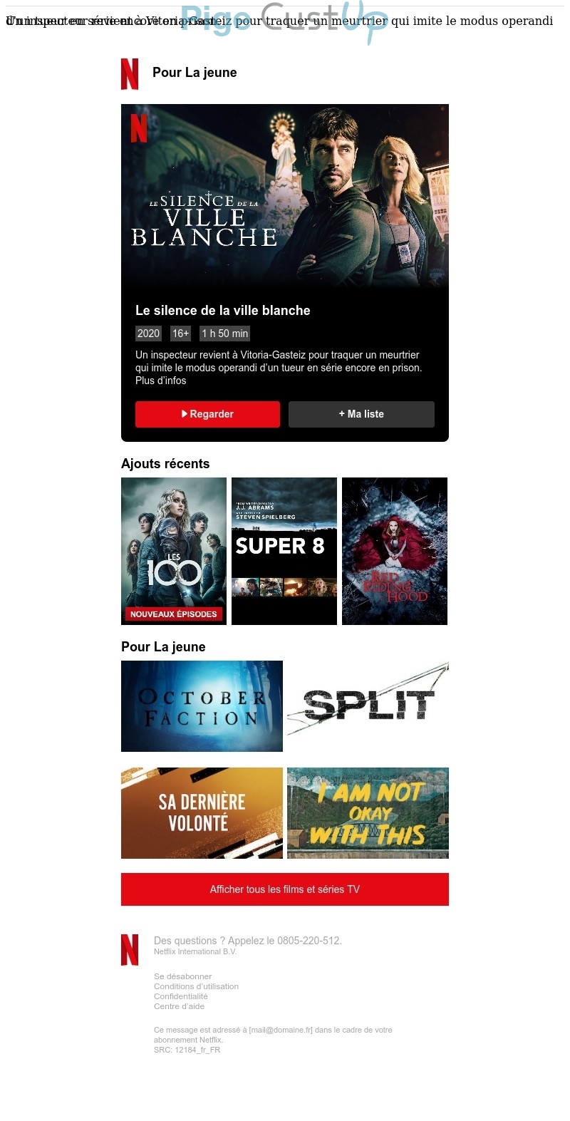 Exemple de Type de media  e-mailing - Netflix - Marketing relationnel - Alerting - Marketing marque - Communication Produits - Nouveaux produits - Communication Services - Nouveaux Services