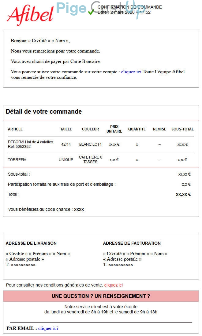 Exemple de Type de media  e-mailing - Afibel - Transactionnels - Confirmation de commande