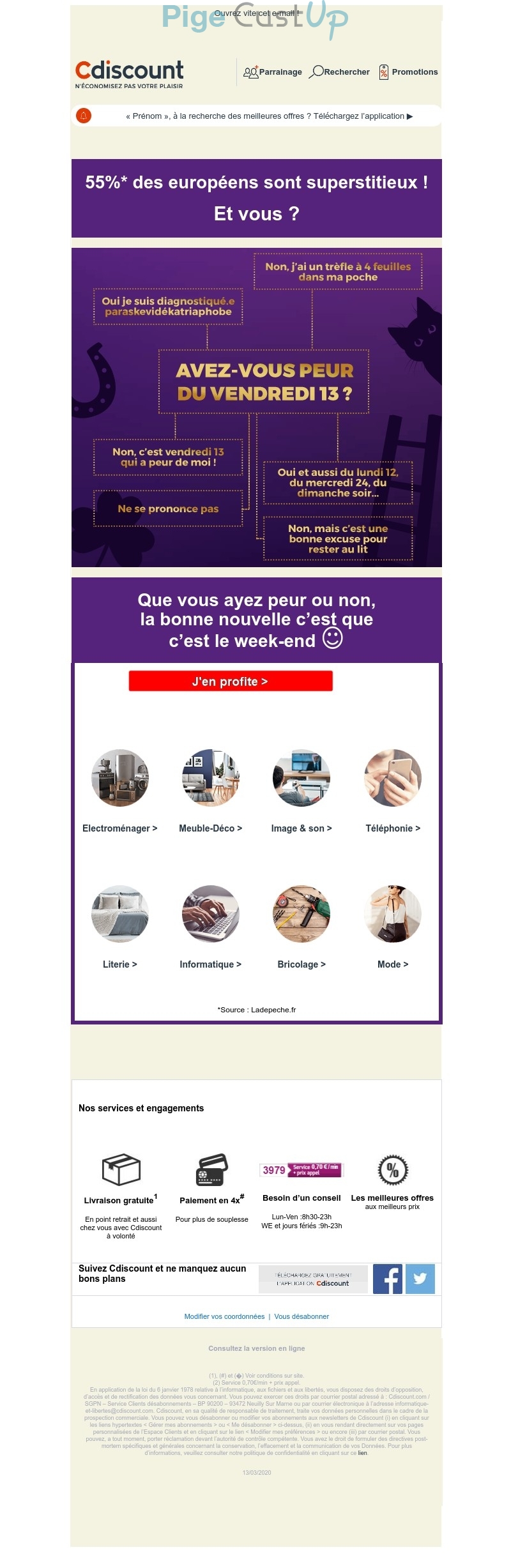 Exemple de Type de media  e-mailing - Cdiscount - Marketing relationnel - Calendaire (Noël, St valentin, Vœux, …) - Marketing fidélisation - Incitation au réachat - Marketing marque - Nouveau canal