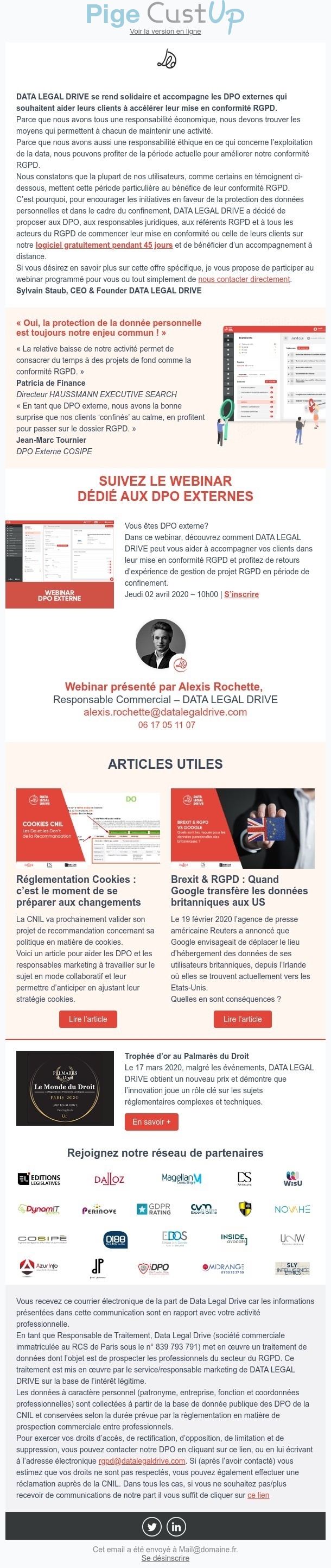 Exemple de Type de media  e-mailing - Data Legal Drive - Marketing Acquisition - Acquisition abonnements - Offre d'essai - Collecte de données - Acquisition de leads - Marketing marque - Communication Produits - Nouveaux produits - Communication Services - Nouveaux Services - Marketing relationnel - Evénement - Newsletter