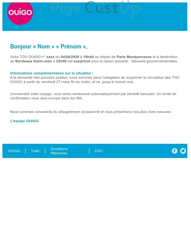 Exemple de Type de media  e-mailing - OuiGo - Marketing relationnel - Alerting - Transactionnels - Annulation - Remboursements