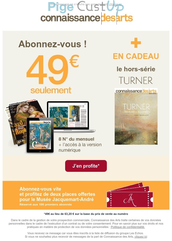 Exemple de Type de media  e-mailing - Connaissance des arts - Marketing Acquisition - Acquisition abonnements - Gratuit - Cadeau - Ventes flash, soldes, demarque, promo, réduction - Marketing marque - Communication Produits - Nouveaux produits - Communication Services - Nouveaux Services