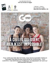 e-mailing - Marketing fidélisation - Animation / Vie du Programme de Fidélité - Incitation au réachat - Points et statut - Marketing relationnel - Calendaire (Noël, St valentin, Vœux, …) - Marketing marque - Communication Produits - Nouveaux produits - Marketing Acquisition - Ventes flash, soldes, demarque, promo, réduction - Go Sport - 05/2024