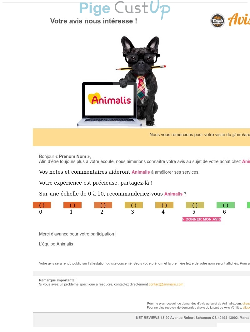 Exemple de Type de media  e-mailing - Animalis - Enquêtes Clients - NPS / Avis clients