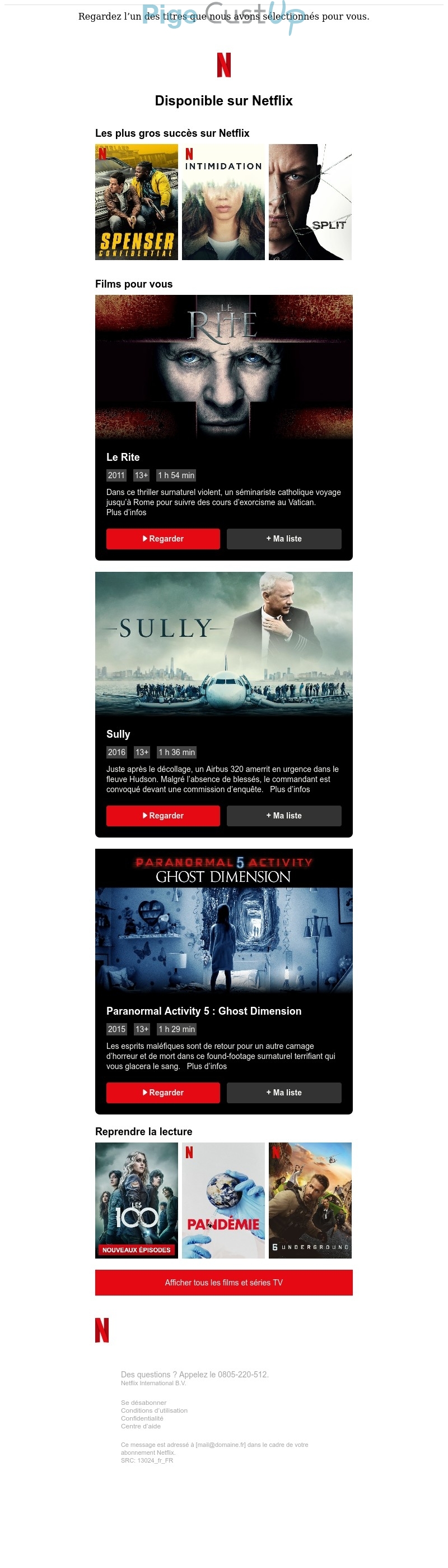 Exemple de Type de media  e-mailing - Netflix - Marketing relationnel - Alerting - Marketing marque - Communication Produits - Nouveaux produits - Communication Services - Nouveaux Services