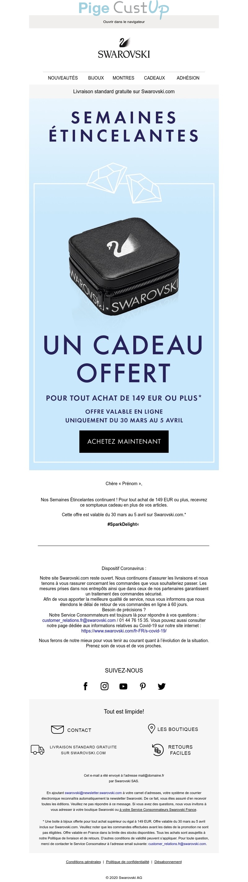 Exemple de Type de media  e-mailing - Swarovski - Marketing Acquisition - Gratuit - Cadeau - Marketing fidélisation - Incitation au réachat