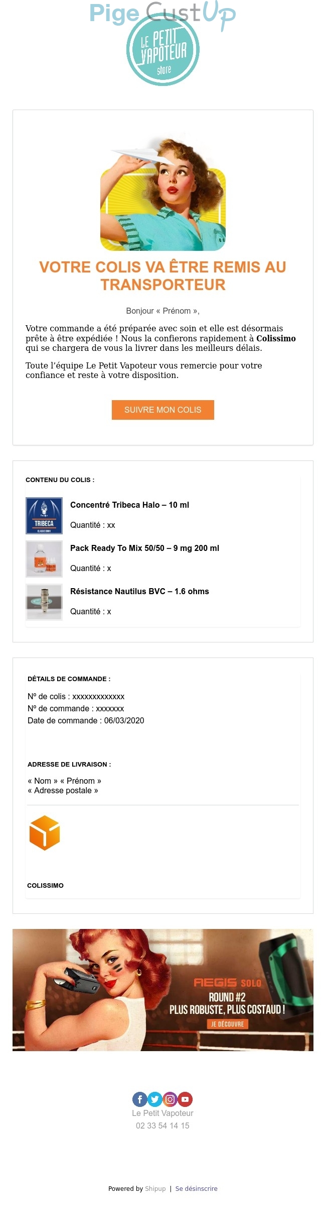 Exemple de Type de media  e-mailing - Le Petit Vapoteur - Transactionnels - Suivi de commande Expédition / Livraison