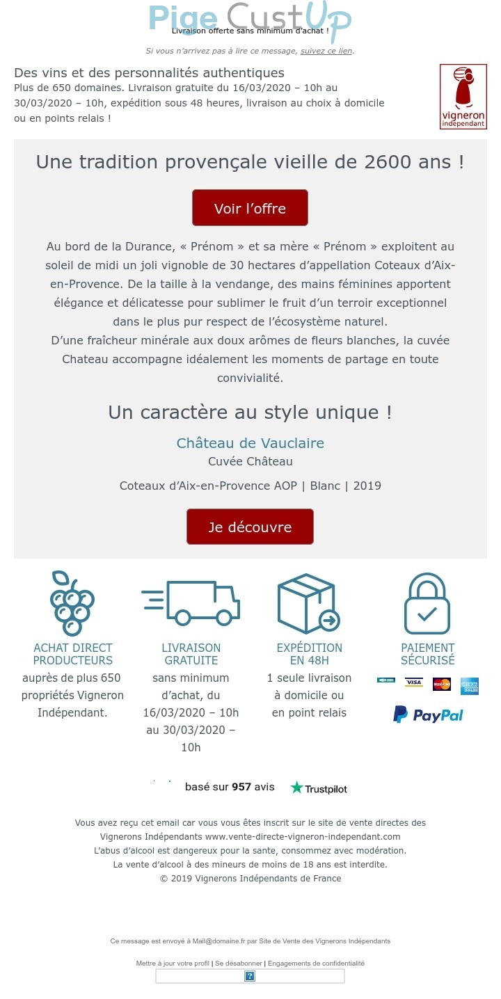 Exemple de Type de media  e-mailing - Vigneron Indépendant - Marketing marque - Communication Produits - Nouveaux produits - Marketing fidélisation - Incitation au réachat