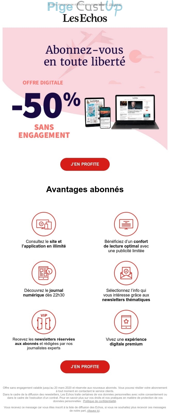 Exemple de Type de media  e-mailing - Les Echos - Marketing Acquisition - Acquisition abonnements - Ventes flash, soldes, demarque, promo, réduction - Marketing marque - Communication Produits - Nouveaux produits - Communication Services - Nouveaux Services