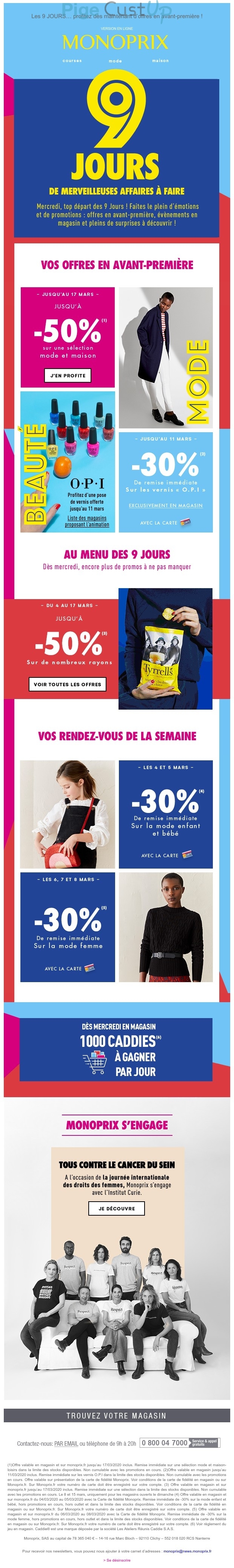 Exemple de Type de media  e-mailing - Monoprix - Marketing marque - Communication Produits - Nouveaux produits - Marketing relationnel - Evénement - Marketing fidélisation - Incitation au réachat - Marketing Acquisition - Ventes flash, soldes, demarque, promo, réduction