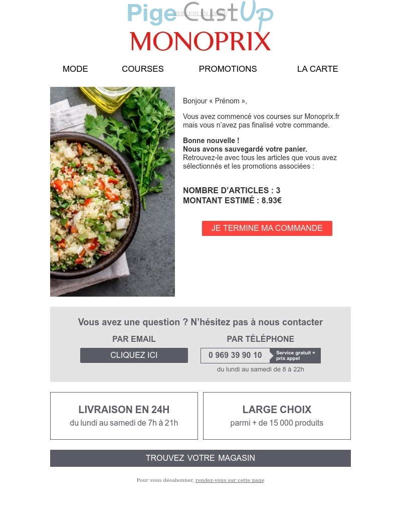 Exemple de Type de media  e-mailing - Monoprix - Marketing Acquisition - Panier abandonné