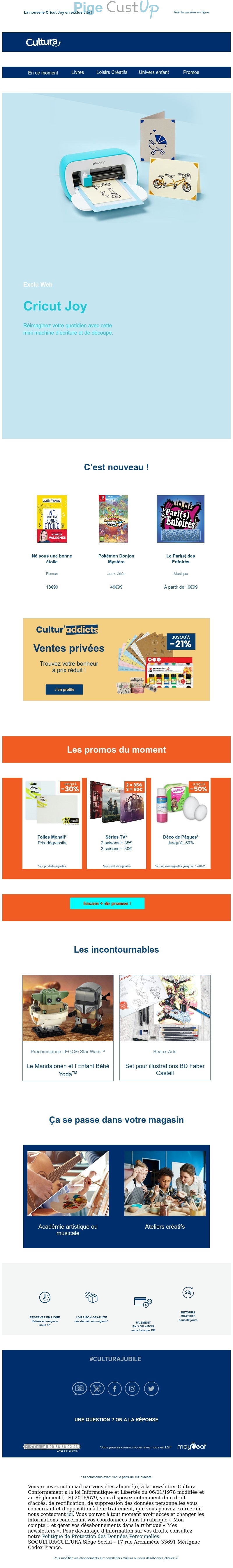 Exemple de Type de media  e-mailing - Cultura - Marketing marque - Communication Produits - Nouveaux produits - Communication Services - Nouveaux Services - Marketing fidélisation - Incitation au réachat - Marketing Acquisition - Ventes flash, soldes, demarque, promo, réduction