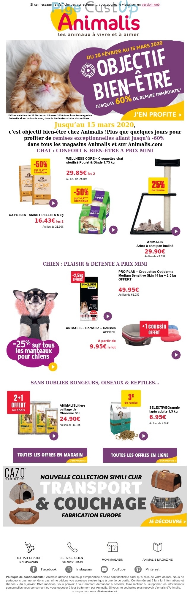 Exemple de Type de media  e-mailing - Animalis - Marketing marque - Communication Produits - Nouveaux produits - Marketing fidélisation - Incitation au réachat - Marketing Acquisition - Ventes flash, soldes, demarque, promo, réduction