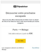 e-mailing - Marketing Acquisition - Acquisition sans promotion - Marketing relationnel - Alerting - Marketing marque - Communication Produits - Nouveaux produits - Communication Services - Nouveaux Services - Marketing fidélisation - Incitation au réachat - Tripadvisor - 03/2020