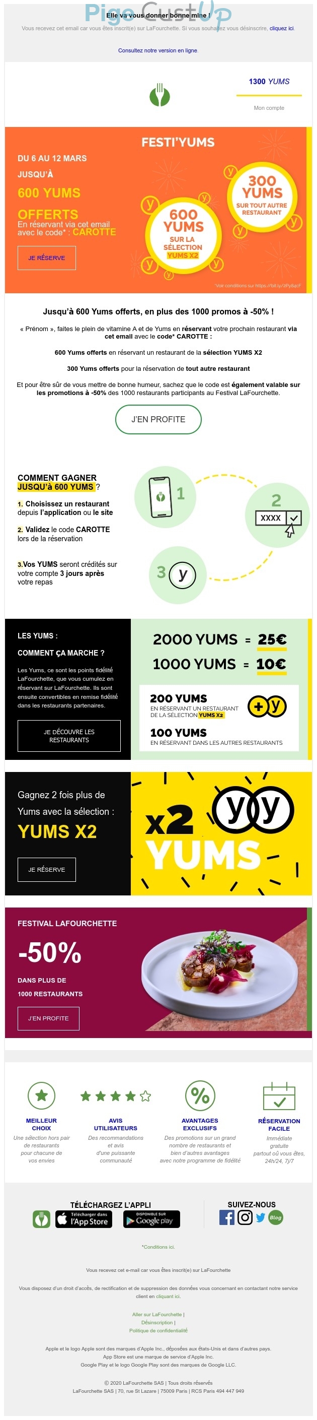 Exemple de Type de media  e-mailing - Lafourchette - Marketing fidélisation - Animation / Vie du Programme de Fidélité - Incitation au réachat - Points et statut - Marketing Acquisition - Gratuit - Cadeau