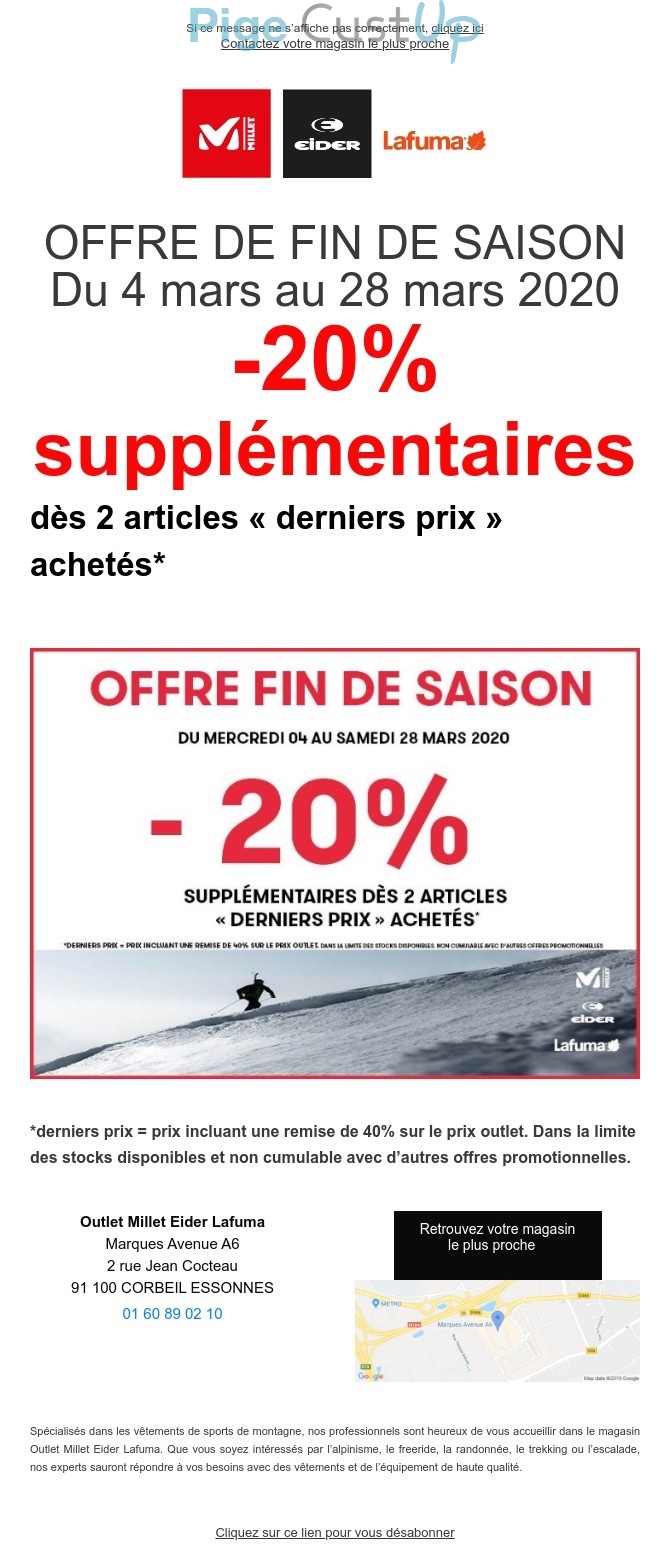 Exemple de Type de media  e-mailing - Lafuma - Marketing marque - Communication Produits - Nouveaux produits - Marketing fidélisation - Incitation au réachat - Marketing Acquisition - Ventes flash, soldes, demarque, promo, réduction
