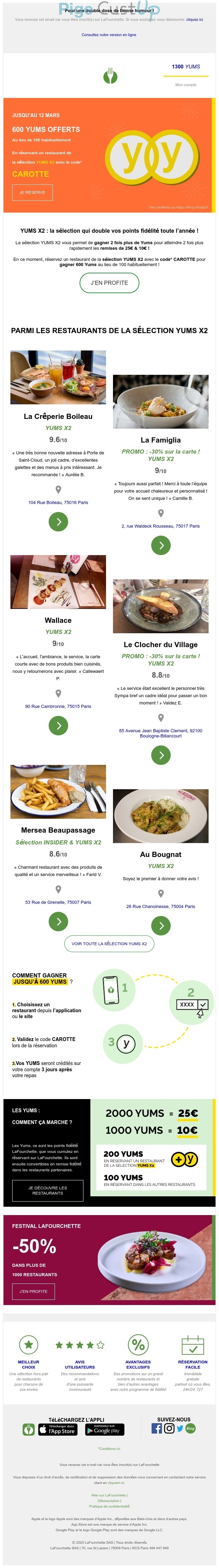 Exemple de Type de media  e-mailing - Lafourchette - Marketing fidélisation - Animation / Vie du Programme de Fidélité - Incitation au réachat - Points et statut - Marketing Acquisition - Ventes flash, soldes, demarque, promo, réduction