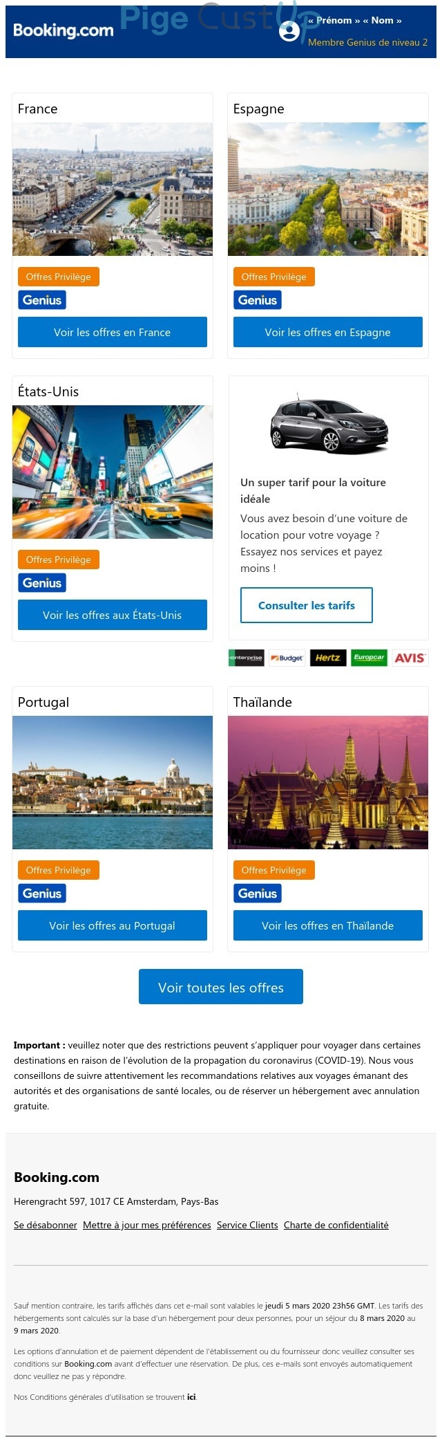 Exemple de Type de media  e-mailing - Booking.com - Marketing marque - Communication Produits - Nouveaux produits - Marketing fidélisation - Incitation au réachat - Points et statut - Marketing Acquisition - Ventes flash, soldes, demarque, promo, réduction