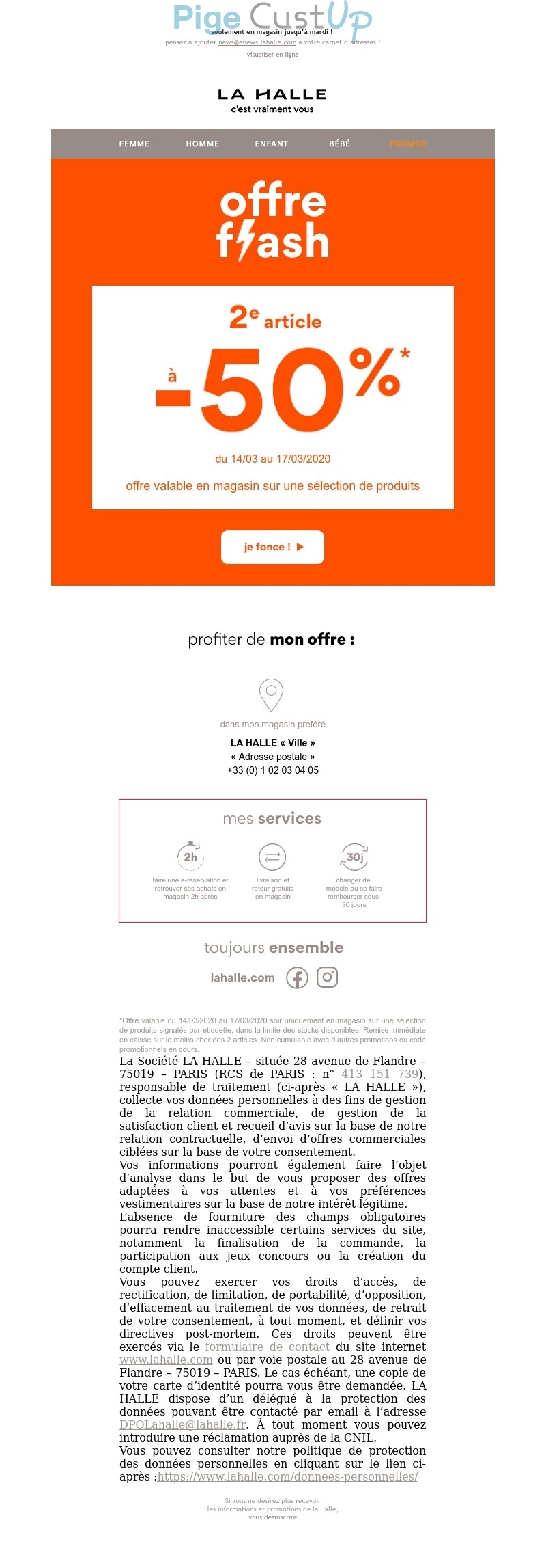 Exemple de Type de media  e-mailing - La Halle - Marketing fidélisation - Incitation au réachat - Marketing Acquisition - Ventes flash, soldes, demarque, promo, réduction