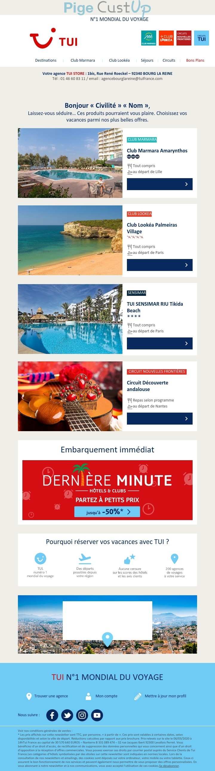 Exemple de Type de media  e-mailing - TUI - Marketing marque - Communication Produits - Nouveaux produits - Communication Services - Nouveaux Services - Marketing fidélisation - Incitation au réachat - Marketing Acquisition - Ventes flash, soldes, demarque, promo, réduction