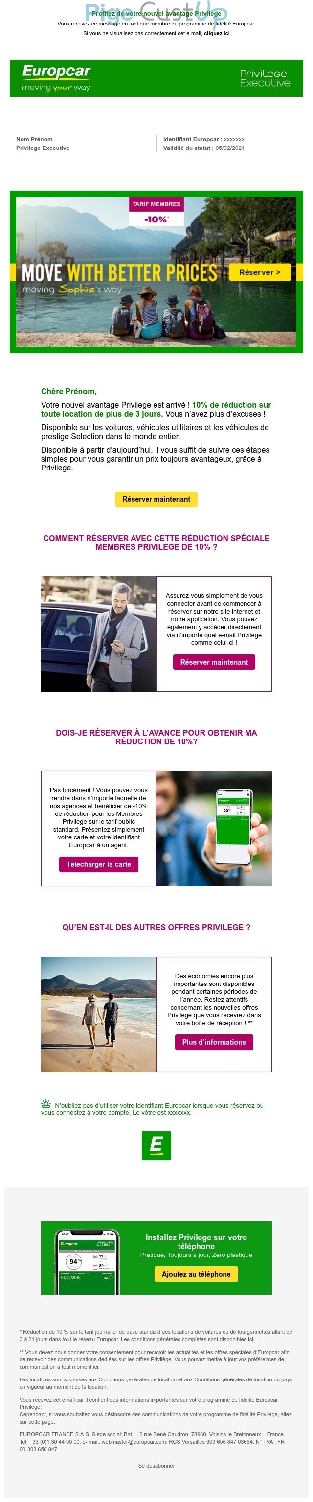 Exemple de Type de media  e-mailing - Europcar - Marketing fidélisation - Animation / Vie du Programme de Fidélité - Incitation au réachat - Marketing Acquisition - Gratuit - Cadeau