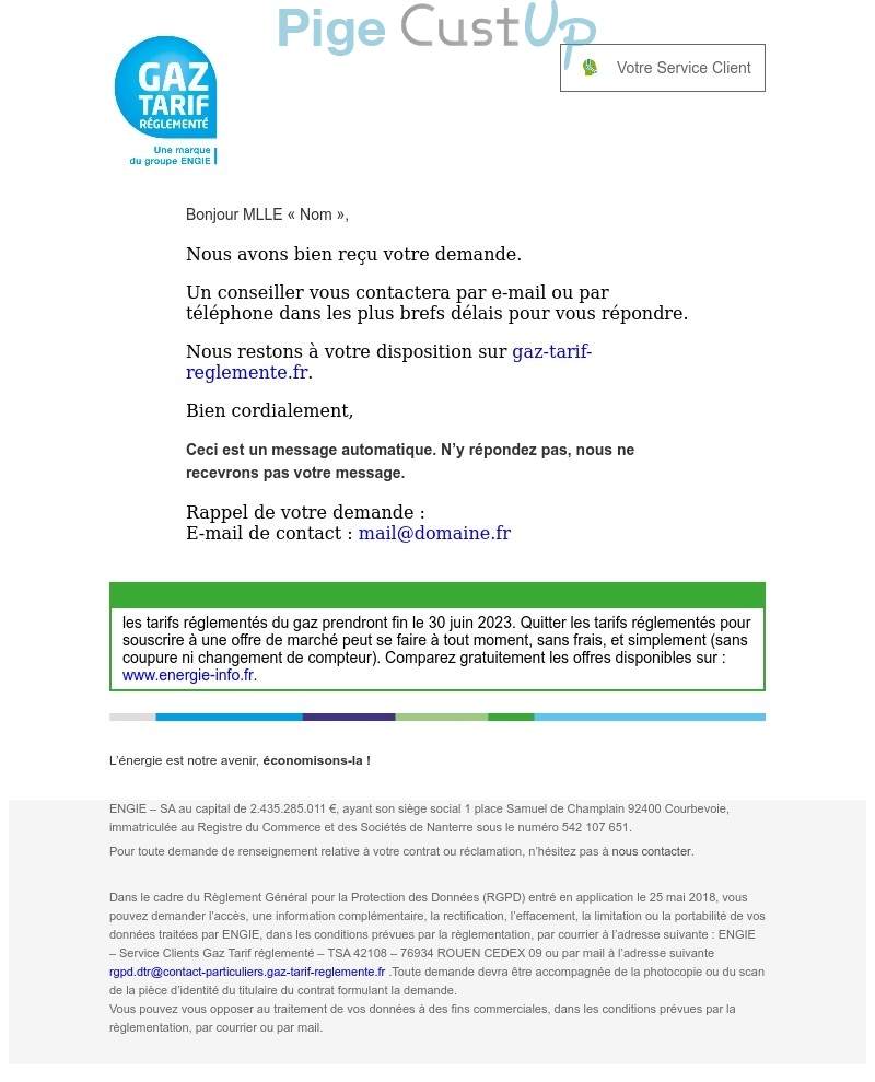 Exemple de Type de media  e-mailing - Gaz Tarif Réglementé - Service Clients - Réclamations
