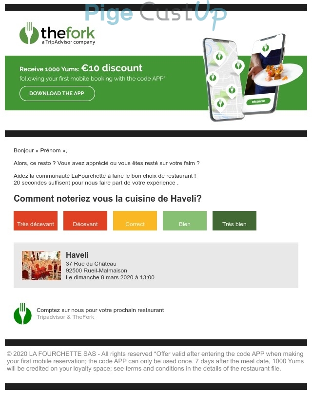 Exemple de Type de media  e-mailing - Lafourchette - Enquêtes Clients - NPS / Avis clients