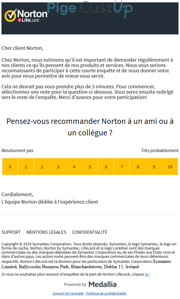 Exemple de Type de media  e-mailing - Norton - Enquêtes Clients - NPS / Avis clients