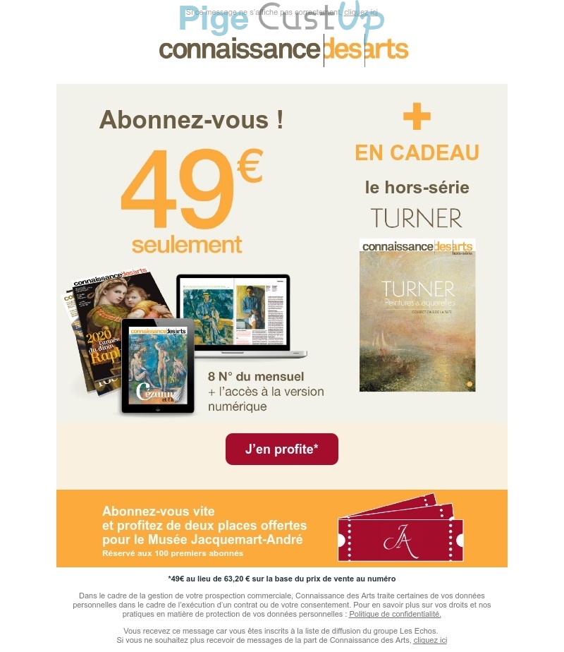 Exemple de Type de media  e-mailing - Connaissance des arts - Marketing Acquisition - Acquisition abonnements