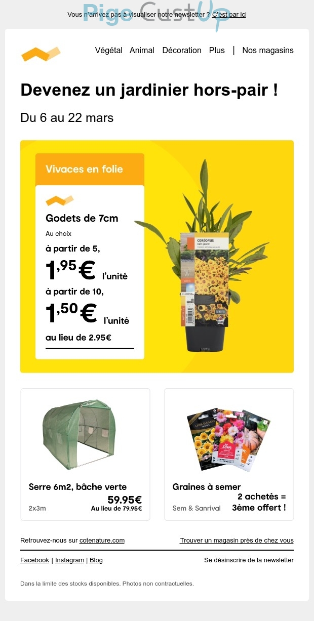 Exemple de Type de media  e-mailing - Côté Nature - Marketing marque - Communication Produits - Nouveaux produits - Marketing fidélisation - Incitation au réachat - Marketing Acquisition - Ventes flash, soldes, demarque, promo, réduction