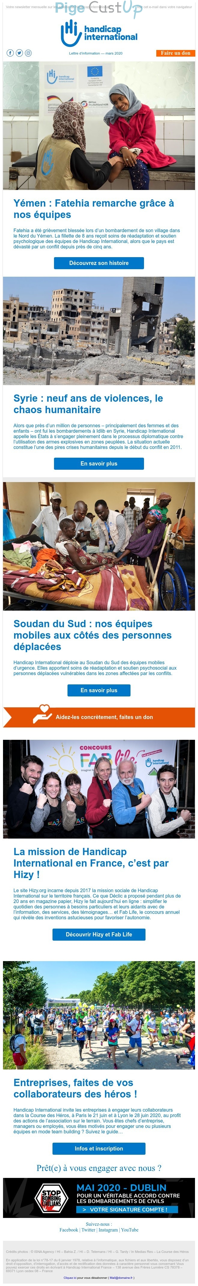 Exemple de Type de media  e-mailing - Handicap International - Marketing Acquisition - Collecte de dons - Marketing marque - Institutionnel - Marketing relationnel - Newsletter