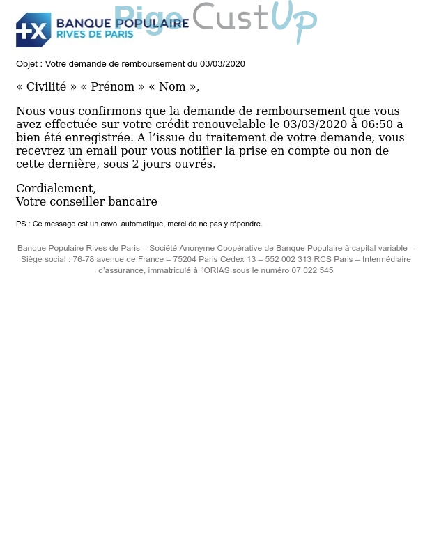 Exemple de Type de media  e-mailing - Banque Populaire - Service Clients - Suivi de demande