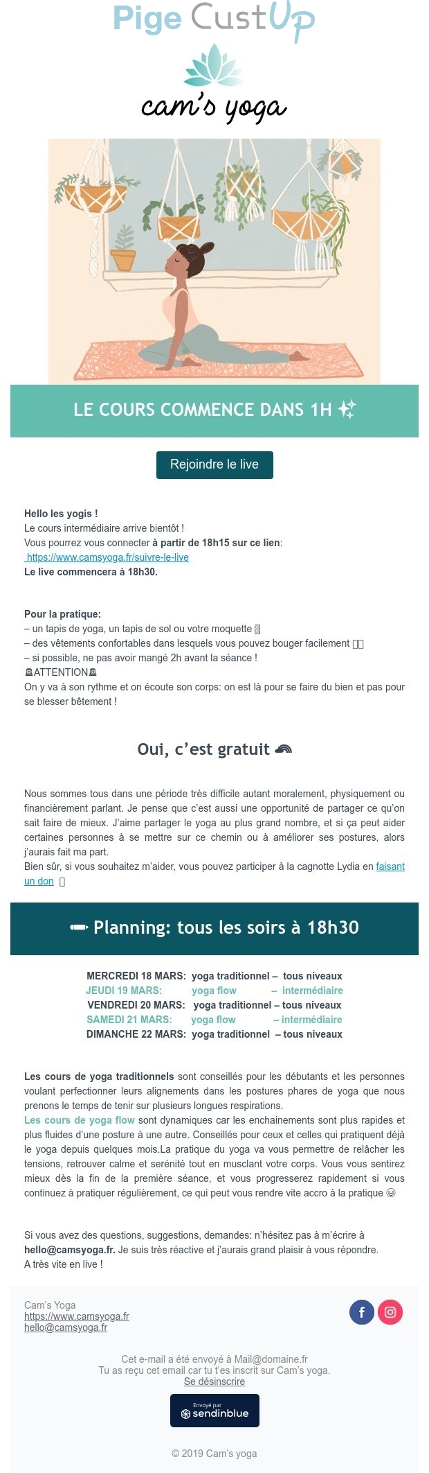 Exemple de Type de media  e-mailing - Cam's Yoga - Marketing relationnel - Evénement