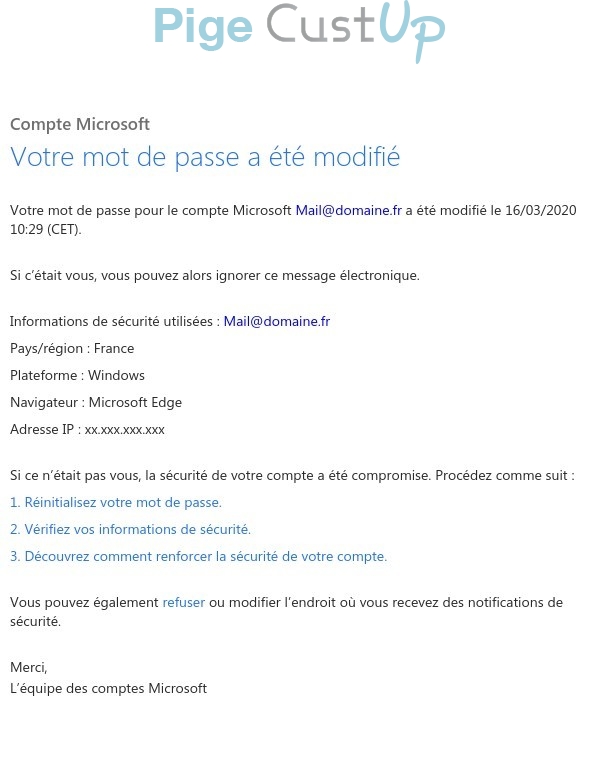 Exemple de Type de media  e-mailing - Microsoft - Transactionnels - Changement de mot de passe / d'identifiant