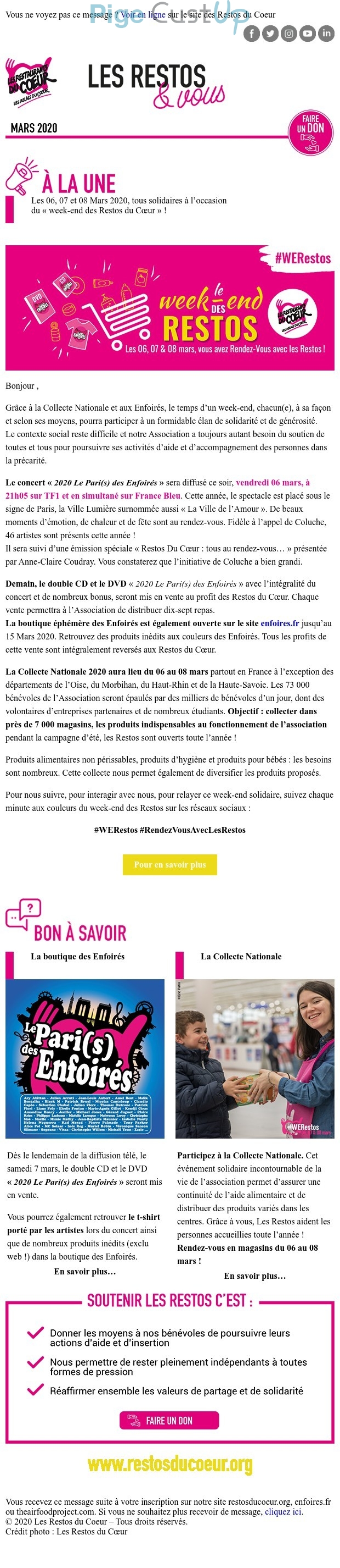 Exemple de Type de media  e-mailing - Les Restos du coeur - Marketing Acquisition - Collecte de dons - Marketing relationnel - Evénement - Newsletter