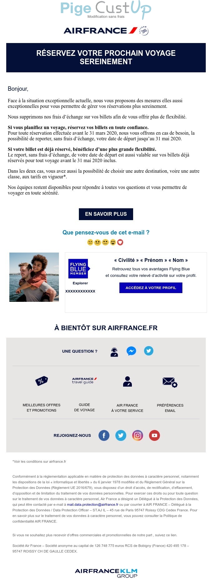 Exemple de Type de media  e-mailing - Air France - Marketing marque - Communication Produits - Nouveaux produits - Communication Services - Nouveaux Services - Marketing fidélisation - Incitation au réachat - Marketing relationnel - Newsletter