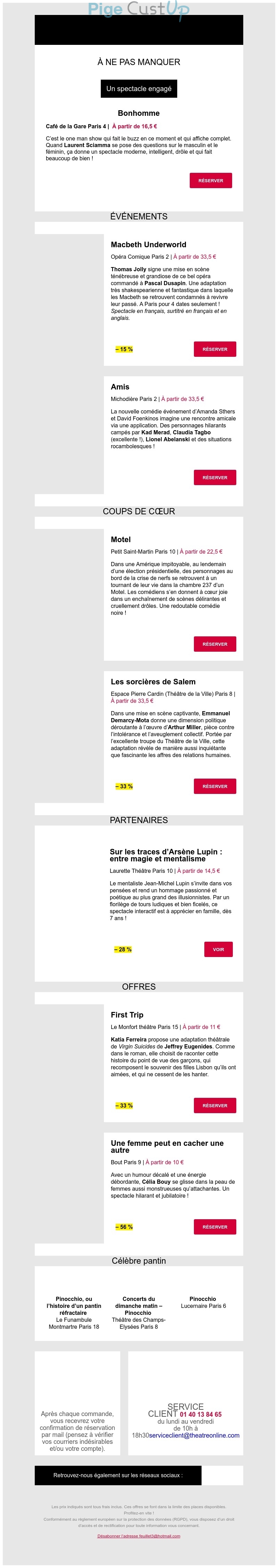 Exemple de Type de media  e-mailing - Theatreonline.com - Marketing marque - Communication Produits - Nouveaux produits - Marketing fidélisation - Incitation au réachat - Marketing Acquisition - Ventes flash, soldes, demarque, promo, réduction