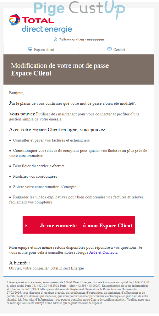 Exemple de Type de media  e-mailing - Total Direct Energie - Transactionnels - Changement de mot de passe / d'identifiant