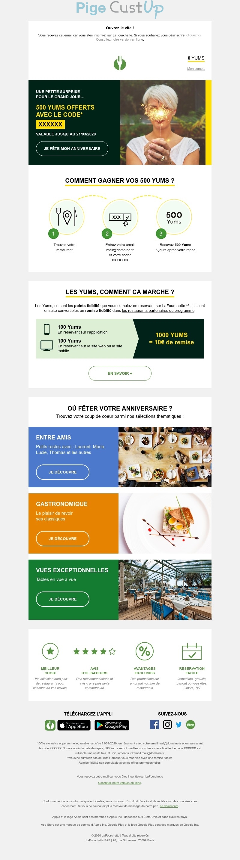 Exemple de Type de media  e-mailing - Lafourchette - Marketing relationnel - Anniversaire / Fête contact - Marketing marque - Communication Produits - Nouveaux produits - Communication Services - Nouveaux Services