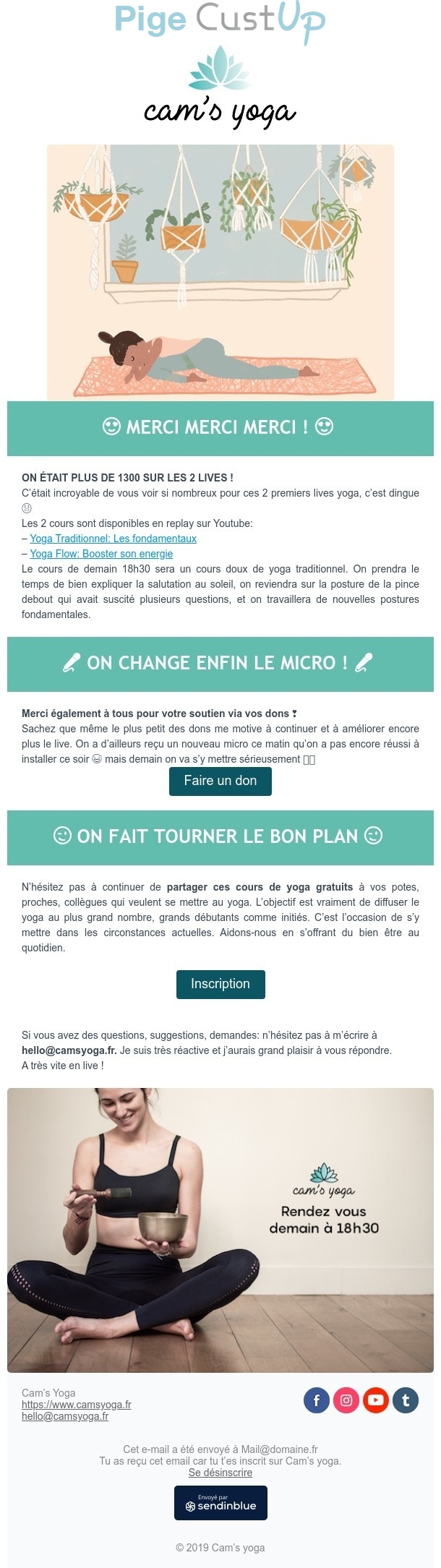 Exemple de Type de media  e-mailing - Cam's Yoga - Marketing relationnel - Remerciements