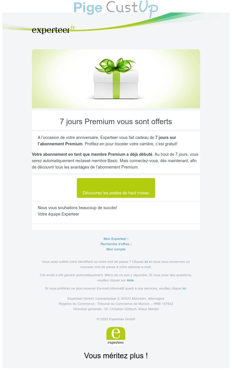 Exemple de Type de media  e-mailing - Experteer - Marketing relationnel - Anniversaire / Fête contact - Marketing Acquisition - Gratuit - Cadeau - Offre d'essai